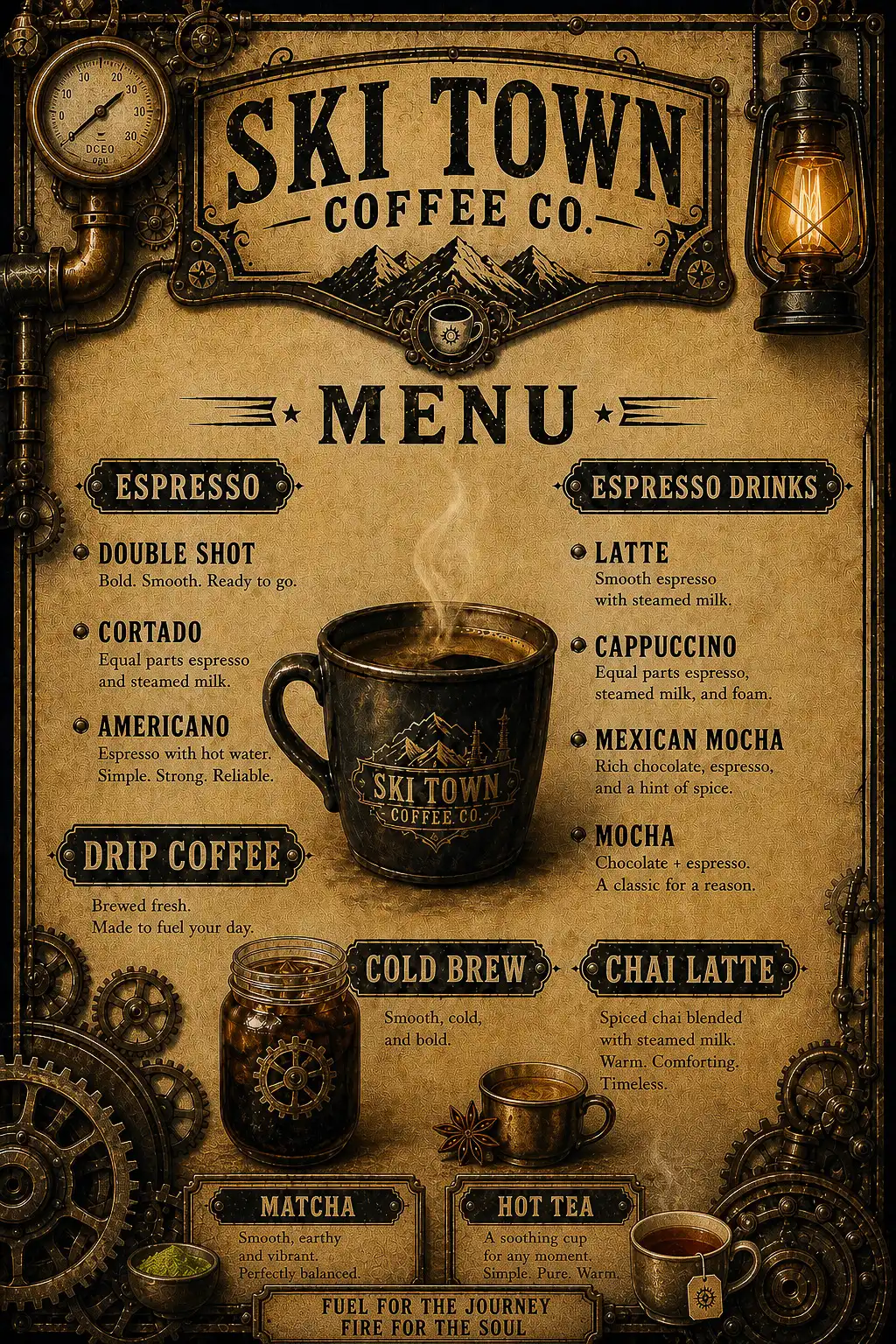 Ski Town Coffee menu board, drink descriptions
